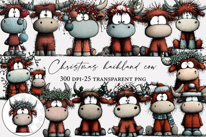 Christmas Highland Cow PNG Festive Cow Clipart Sublimation