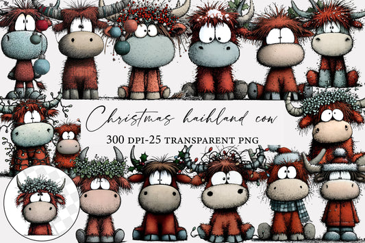 Christmas Highland Cow PNG Festive Cow Clipart Sublimation
