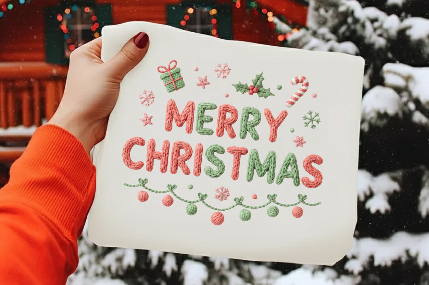 Chunky Knit Coquette Bow Merry Christmas PNG