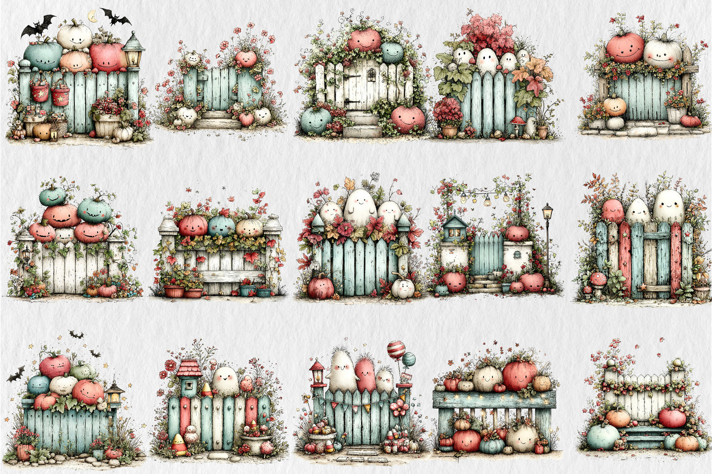 Whimsical Autumn Fence Clipart Bundle Cute Fall Garden Pumpkin PNG 31 PNG Sublimation Set