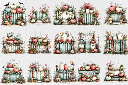Whimsical Autumn Fence Clipart Bundle Cute Fall Garden Pumpkin PNG 31 PNG Sublimation Set