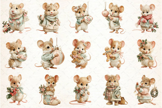 Whimsical Christmas Mouse PNG Bundle Cute Holiday Animal Clipart
