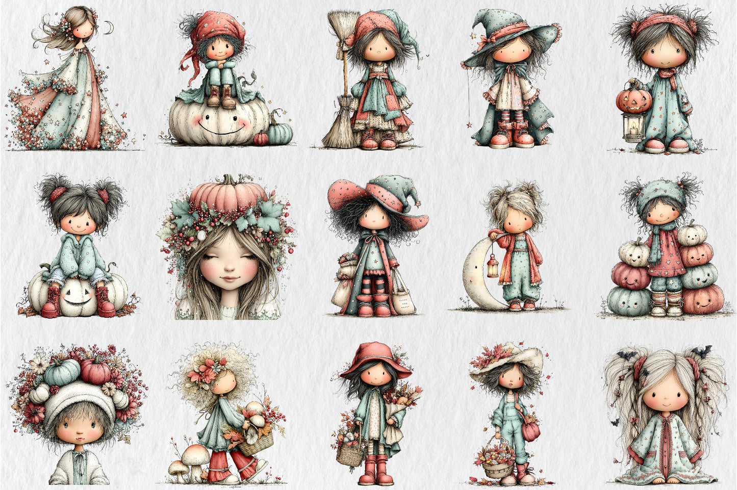 Whimsical Halloween Girls Clipart PNG Cute Fall Girl Pumpkin Floral Sublimation Bundle