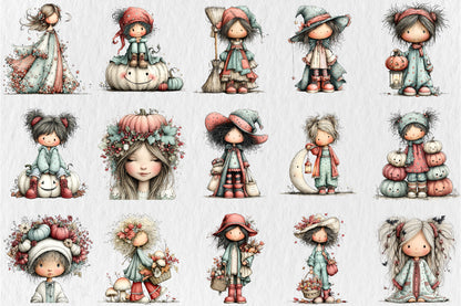 Whimsical Halloween Girls Clipart PNG Cute Fall Girl Pumpkin Floral Sublimation Bundle