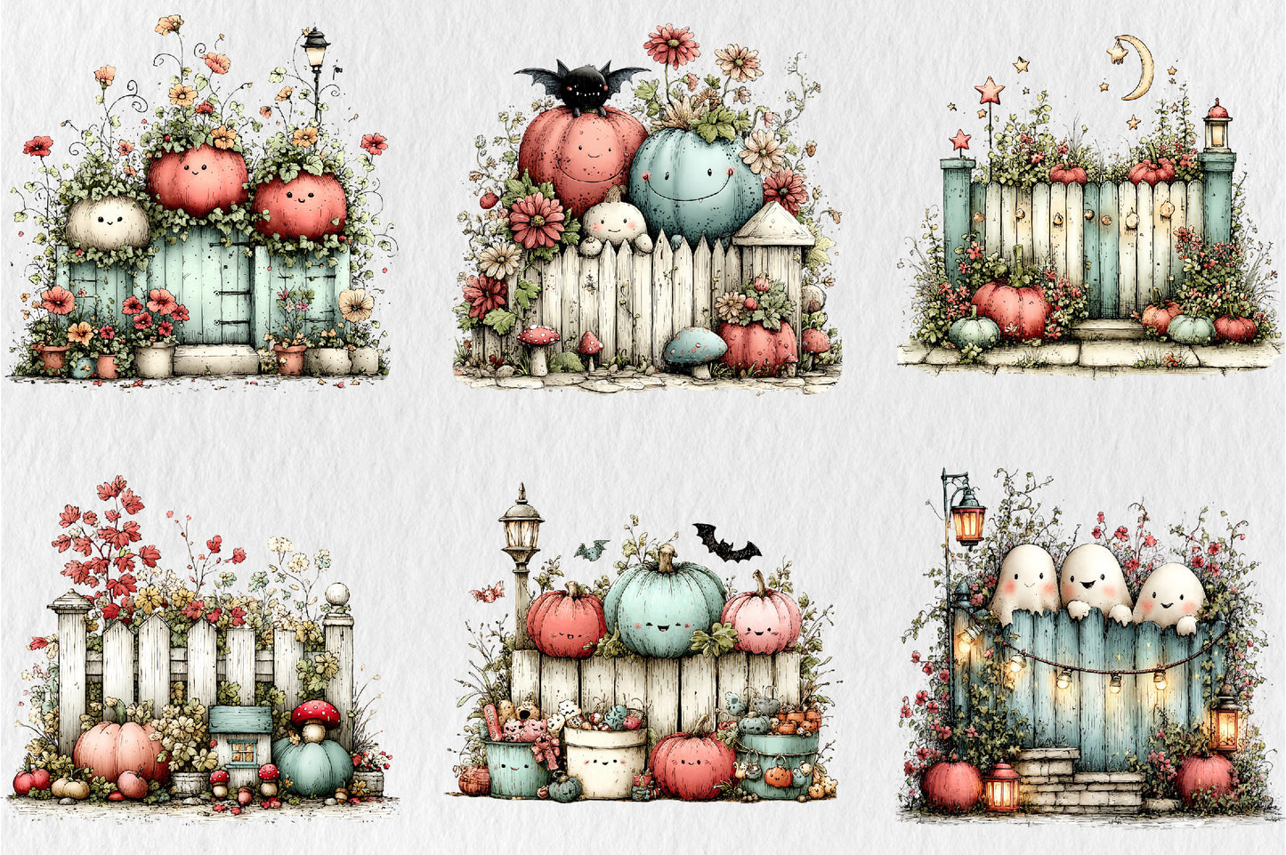 Whimsical Autumn Fence Clipart Bundle Cute Fall Garden Pumpkin PNG 31 PNG Sublimation Set