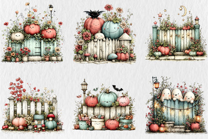 Whimsical Autumn Fence Clipart Bundle Cute Fall Garden Pumpkin PNG 31 PNG Sublimation Set