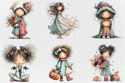 Whimsical Halloween Girls Clipart PNG Cute Fall Girl Pumpkin Floral Sublimation Bundle