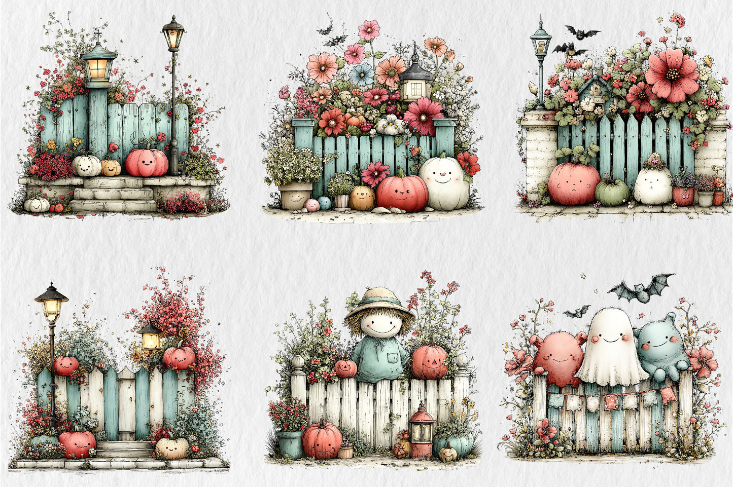 Whimsical Autumn Fence Clipart Bundle Cute Fall Garden Pumpkin PNG 31 PNG Sublimation Set