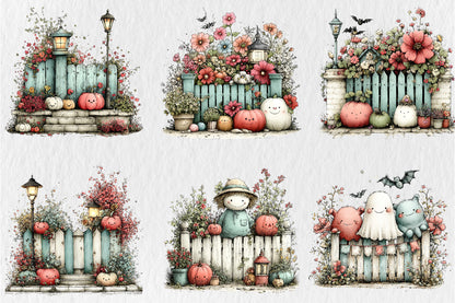 Whimsical Autumn Fence Clipart Bundle Cute Fall Garden Pumpkin PNG 31 PNG Sublimation Set