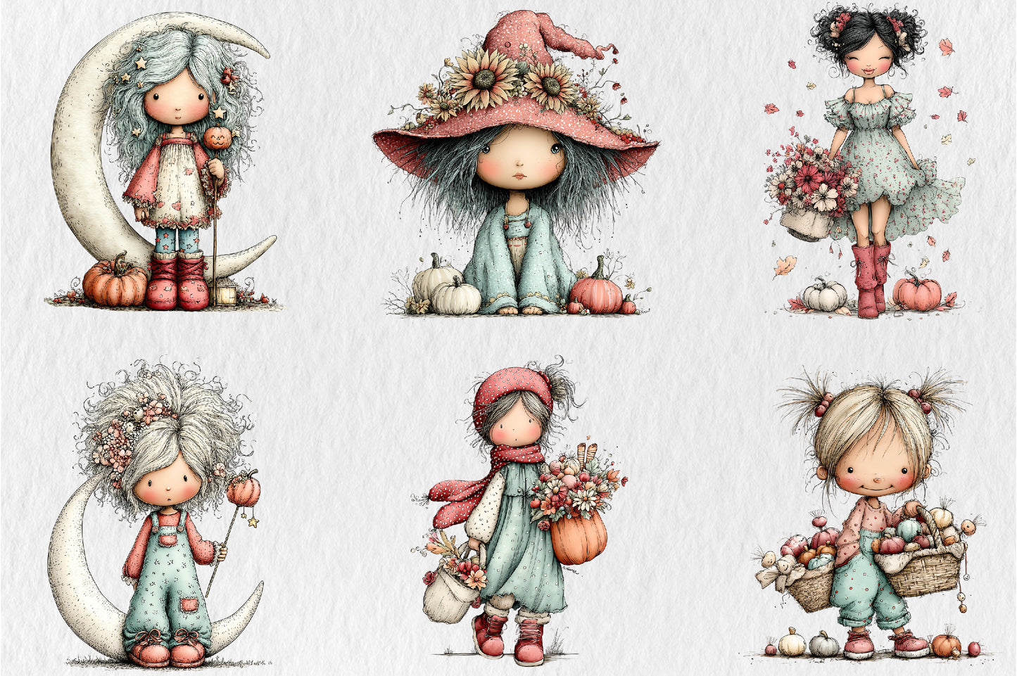 Whimsical Halloween Girls Clipart PNG Cute Fall Girl Pumpkin Floral Sublimation Bundle