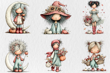 Whimsical Halloween Girls Clipart PNG Cute Fall Girl Pumpkin Floral Sublimation Bundle