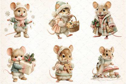 Whimsical Christmas Mouse PNG Bundle Cute Holiday Animal Clipart