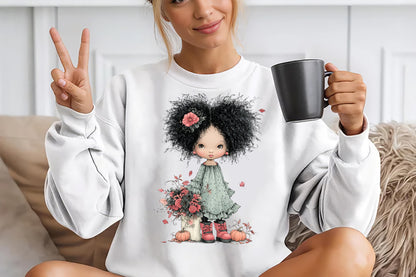 Whimsical Halloween Girls Clipart PNG Cute Fall Girl Pumpkin Floral Sublimation Bundle