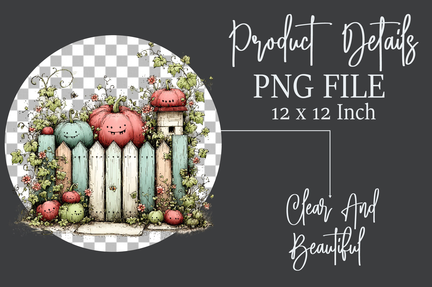Whimsical Autumn Fence Clipart Bundle Cute Fall Garden Pumpkin PNG 31 PNG Sublimation Set