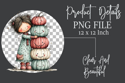 Whimsical Halloween Girls Clipart PNG Cute Fall Girl Pumpkin Floral Sublimation Bundle