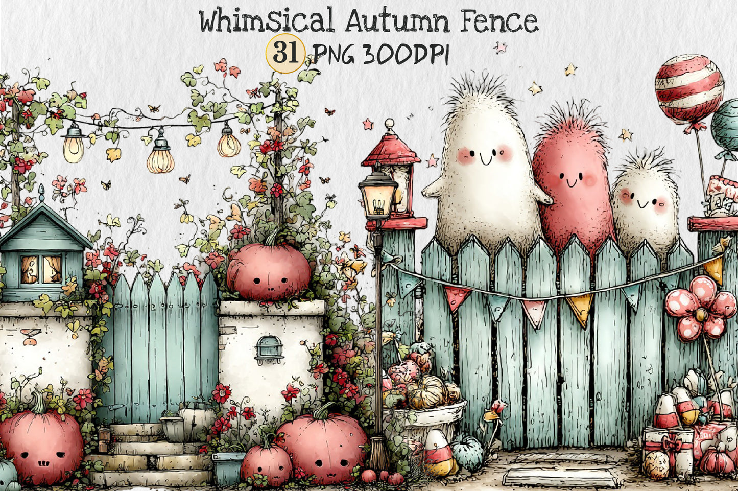 Whimsical Autumn Fence Clipart Bundle Cute Fall Garden Pumpkin PNG 31 PNG Sublimation Set