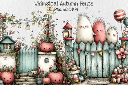 Whimsical Autumn Fence Clipart Bundle Cute Fall Garden Pumpkin PNG 31 PNG Sublimation Set