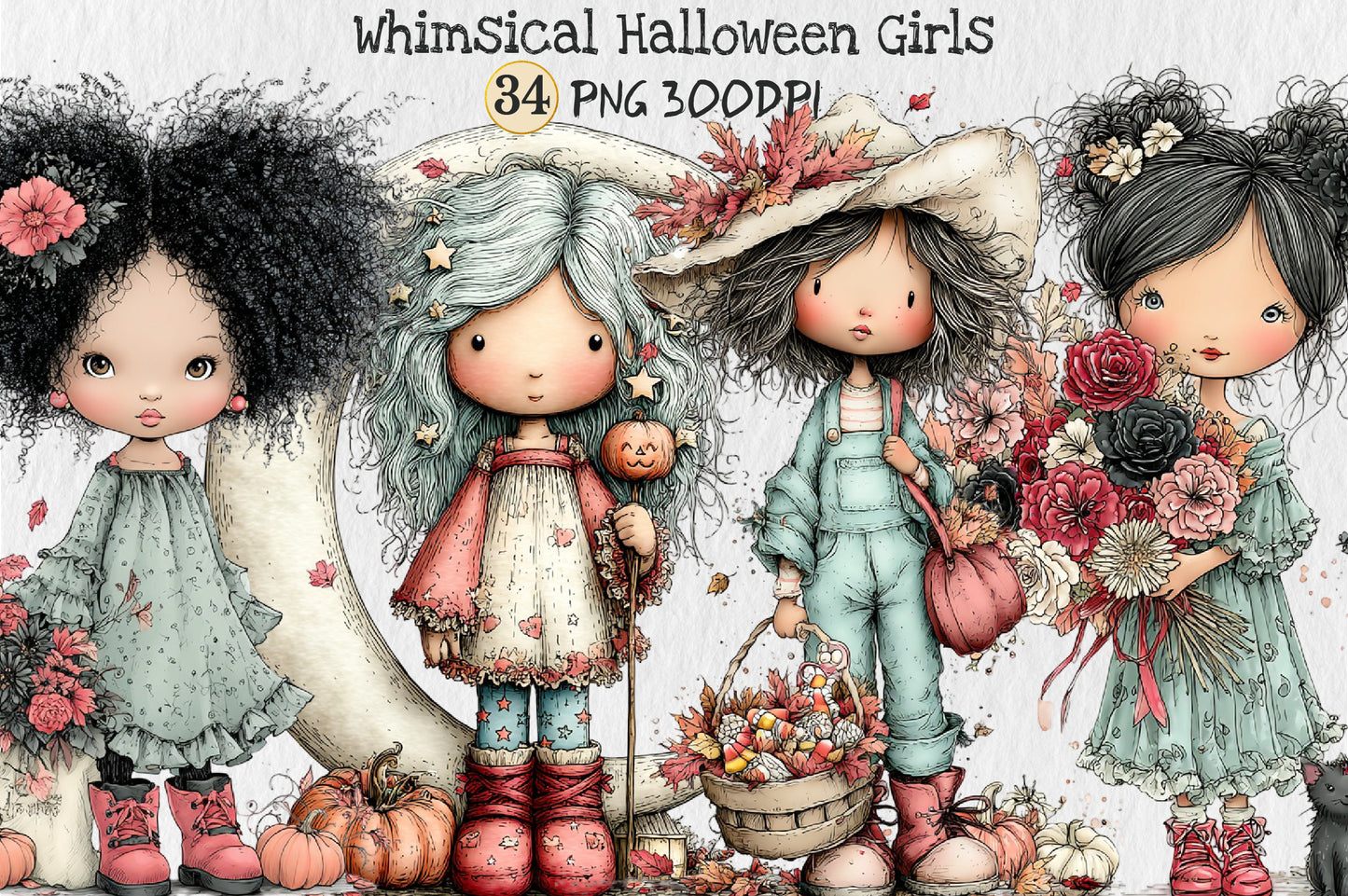 Whimsical Halloween Girls Clipart PNG Cute Fall Girl Pumpkin Floral Sublimation Bundle
