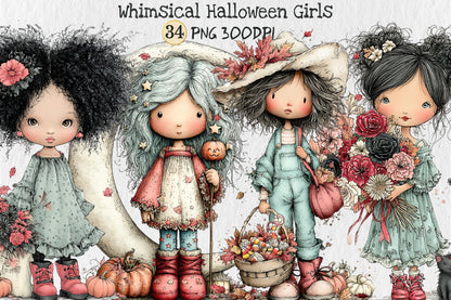 Whimsical Halloween Girls Clipart PNG Cute Fall Girl Pumpkin Floral Sublimation Bundle