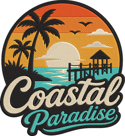 Coastal Paradise Embroidery Design, Tropical Beach Sunset Machine Embroidery Pattern, Palm Trees Ocean Waves Pier and Coastal Paradise Embroidery Design