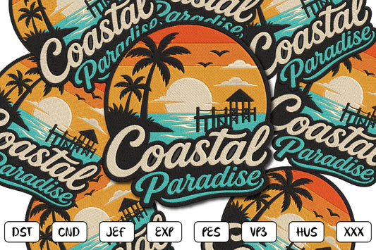 Coastal Paradise Embroidery Design, Tropical Beach Sunset Machine Embroidery Pattern, Palm Trees Ocean Waves Pier and Coastal Paradise Embroidery Design