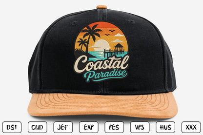 Coastal Paradise Embroidery Design, Tropical Beach Sunset Machine Embroidery Pattern, Palm Trees Ocean Waves Pier and Coastal Paradise Embroidery Design
