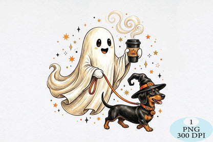 Coffee Ghost Dachshund Halloween PNG