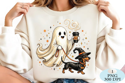 Coffee Ghost Dachshund Halloween PNG