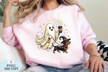 Coffee Ghost Dachshund Halloween PNG
