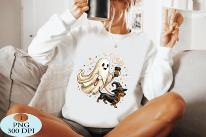 Coffee Ghost Dachshund Halloween PNG