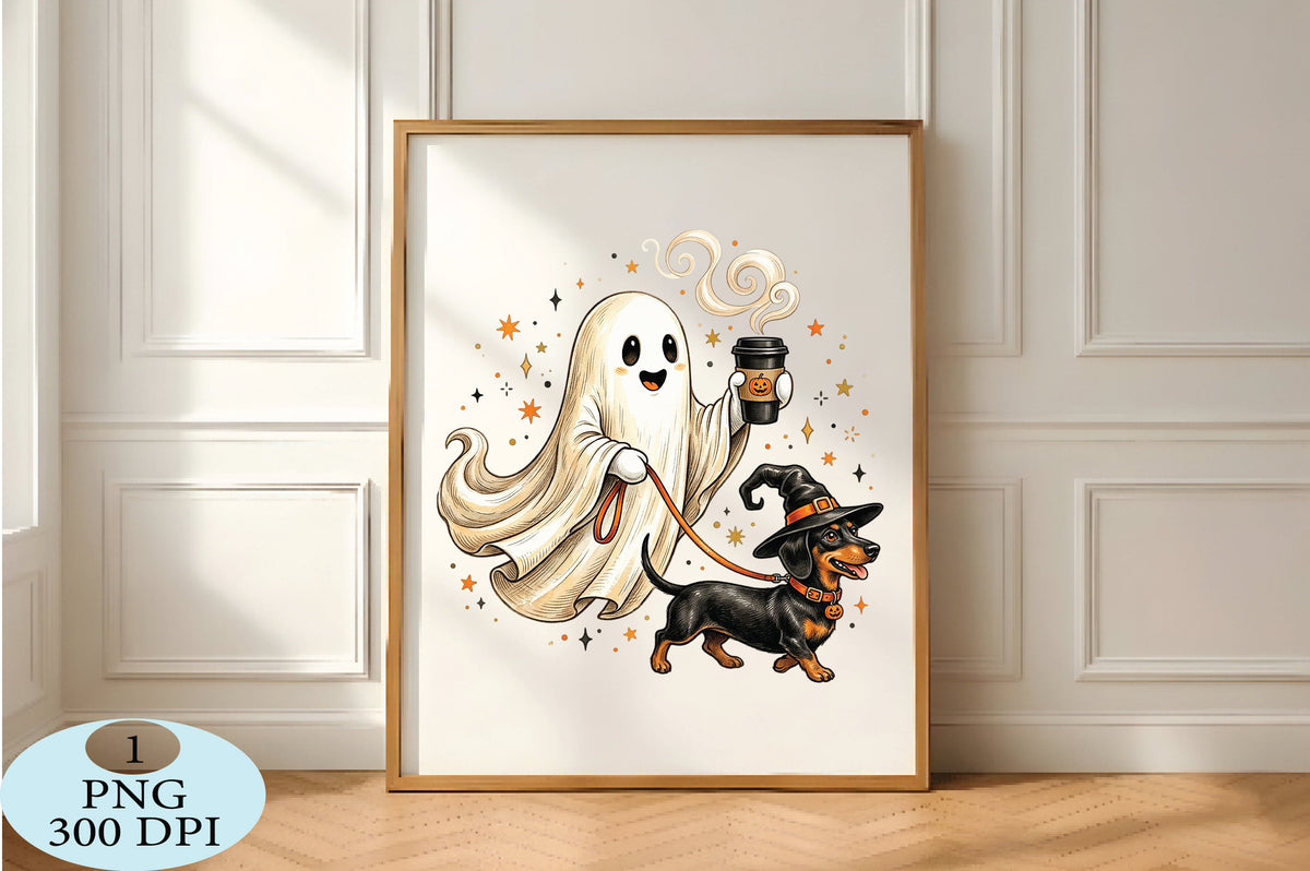Coffee Ghost Dachshund Halloween PNG