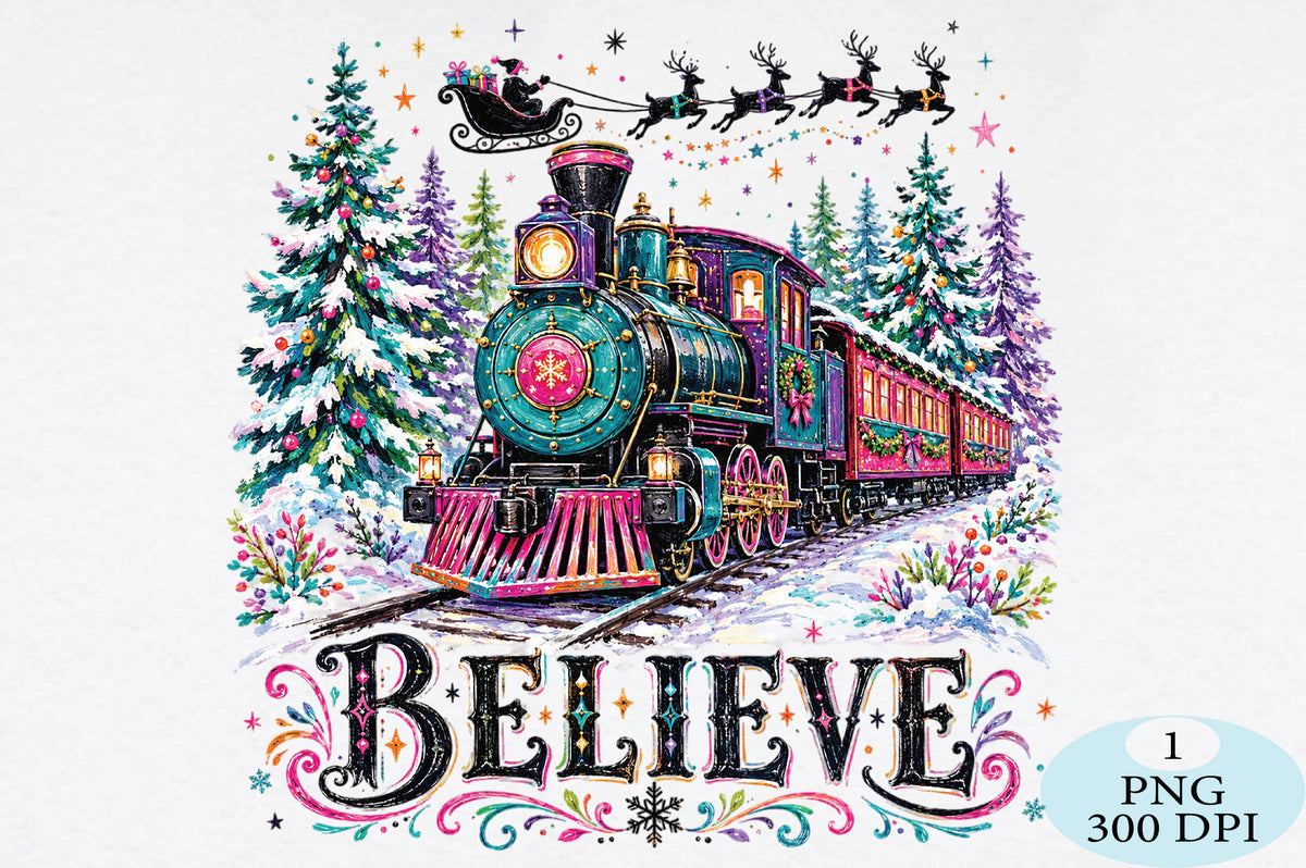 Colorful Christmas Believe Train PNG