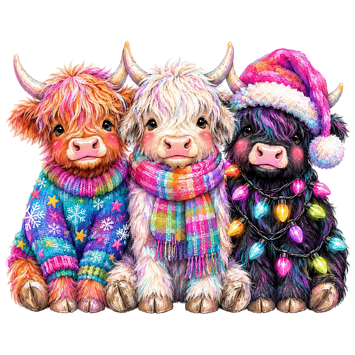 Colorful Christmas Highland Cows PNG