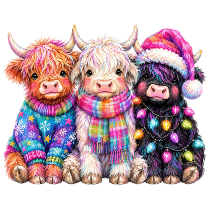 Colorful Christmas Highland Cows PNG