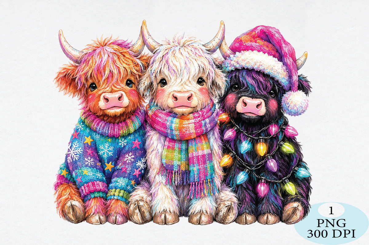 Colorful Christmas Highland Cows PNG