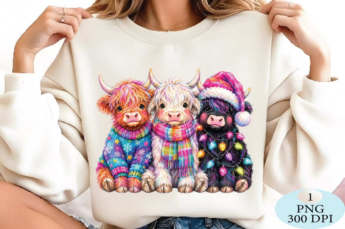 Colorful Christmas Highland Cows PNG