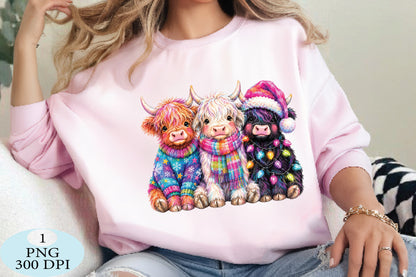 Colorful Christmas Highland Cows PNG