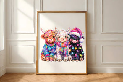 Colorful Christmas Highland Cows PNG