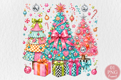 Colorful Christmas Trees PNG Pink Teal Holiday Tree Retro Christmas Sublimation Design