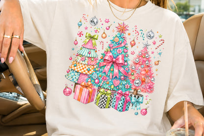 Colorful Christmas Trees PNG Pink Teal Holiday Tree Retro Christmas Sublimation Design