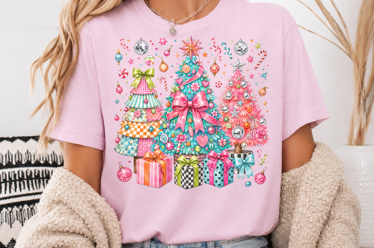 Colorful Christmas Trees PNG Pink Teal Holiday Tree Retro Christmas Sublimation Design