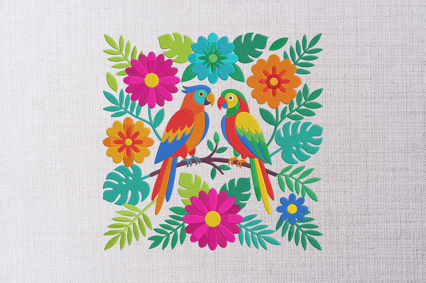 Colorful Folk Art Bird Embroidery Design, Tropical Parrot Machine Embroidery Pattern, Floral Bird Embroidery Design