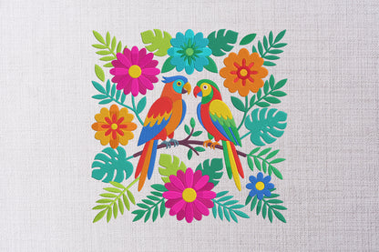Colorful Folk Art Bird Embroidery Design, Tropical Parrot Machine Embroidery Pattern, Floral Bird Embroidery Design