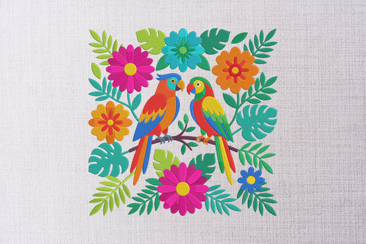 Colorful Folk Art Bird Embroidery Design, Tropical Parrot Machine Embroidery Pattern, Floral Bird Embroidery Design