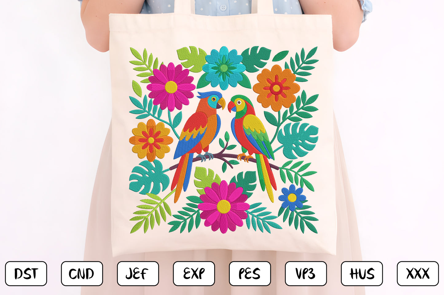 Colorful Folk Art Bird Embroidery Design, Tropical Parrot Machine Embroidery Pattern, Floral Bird Embroidery Design