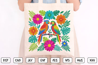 Colorful Folk Art Bird Embroidery Design, Tropical Parrot Machine Embroidery Pattern, Floral Bird Embroidery Design