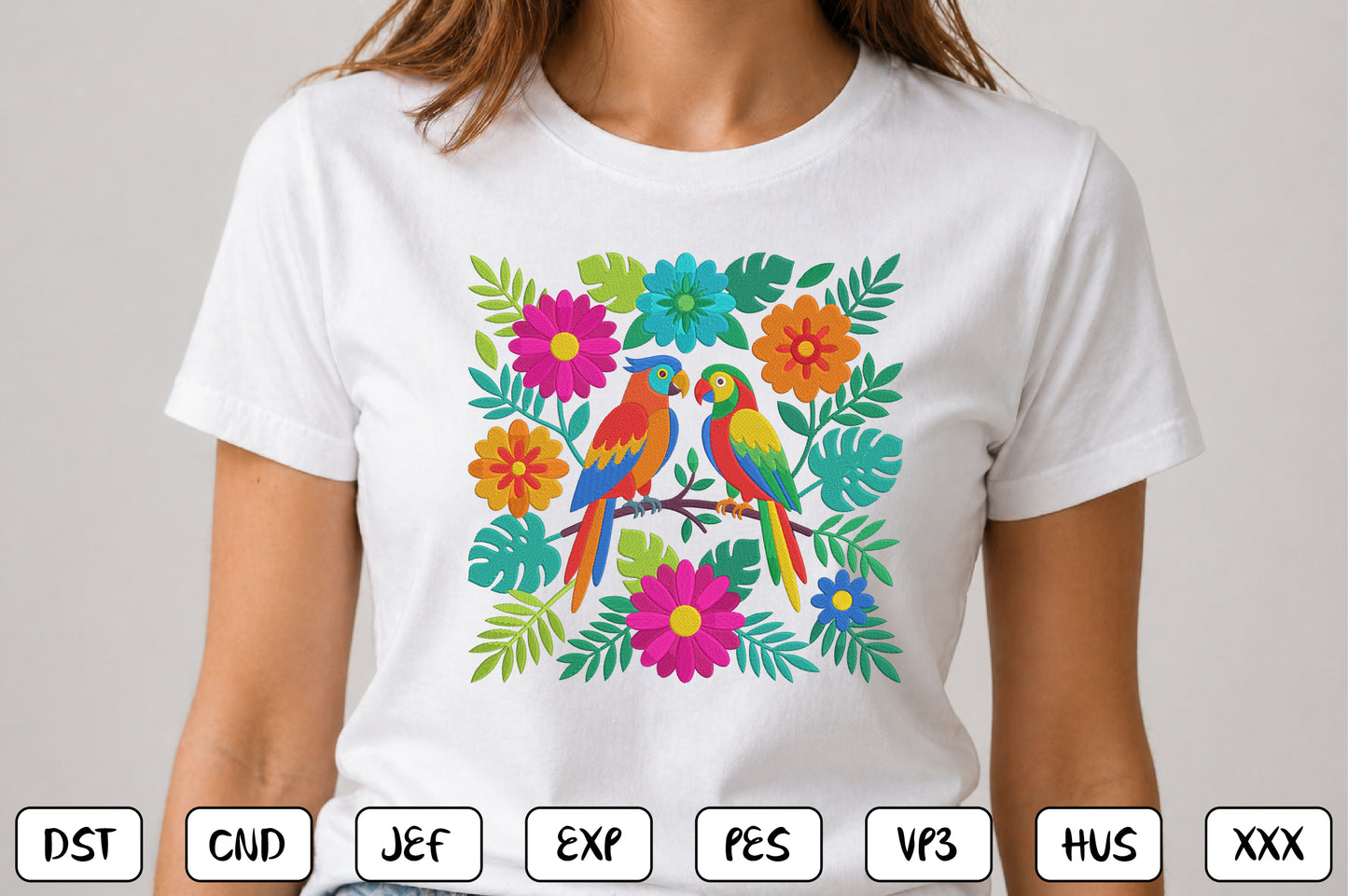 Colorful Folk Art Bird Embroidery Design, Tropical Parrot Machine Embroidery Pattern, Floral Bird Embroidery Design