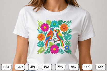 Colorful Folk Art Bird Embroidery Design, Tropical Parrot Machine Embroidery Pattern, Floral Bird Embroidery Design