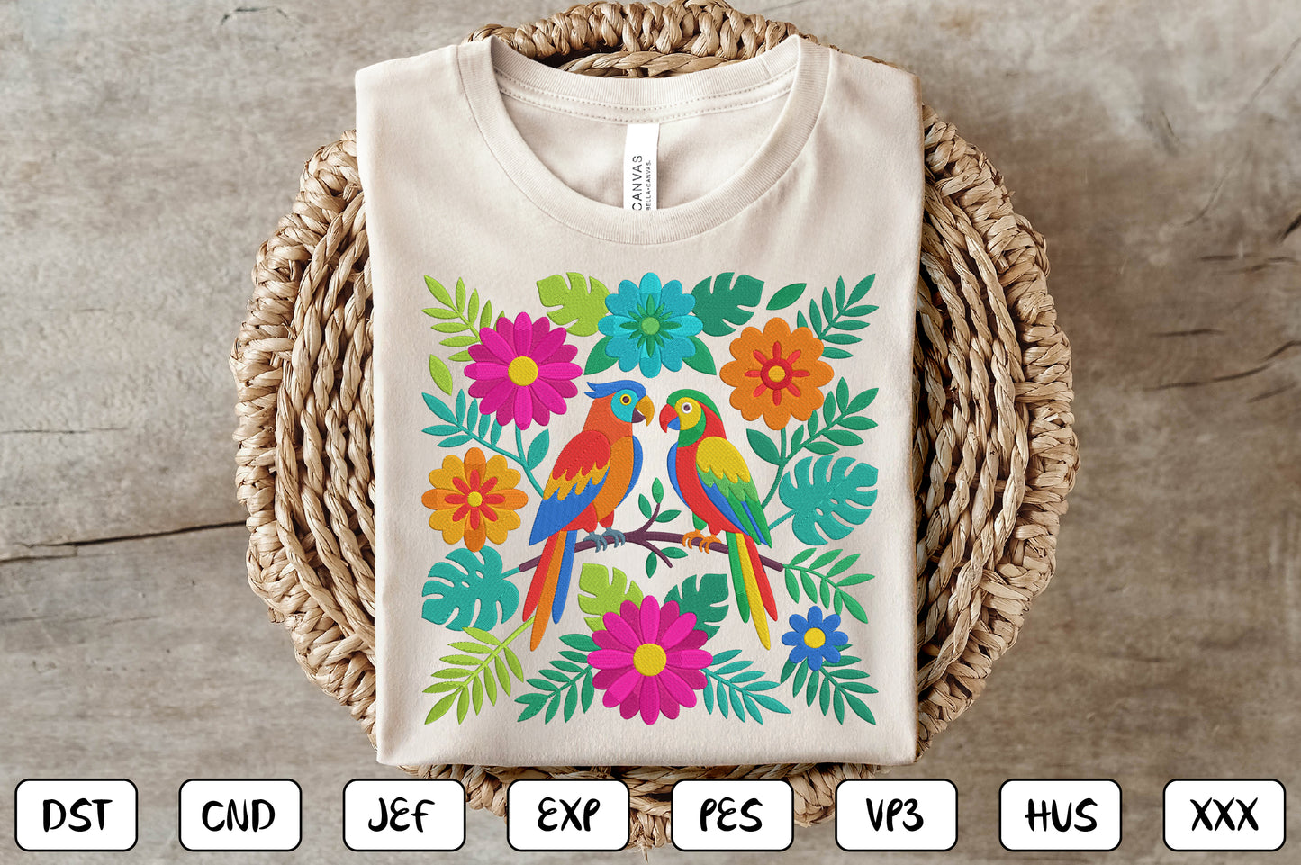 Colorful Folk Art Bird Embroidery Design, Tropical Parrot Machine Embroidery Pattern, Floral Bird Embroidery Design