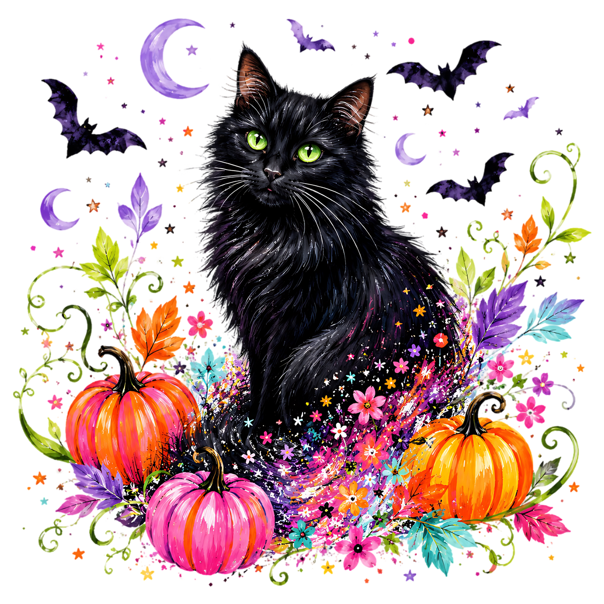 Colorful Halloween Black Cat PNG